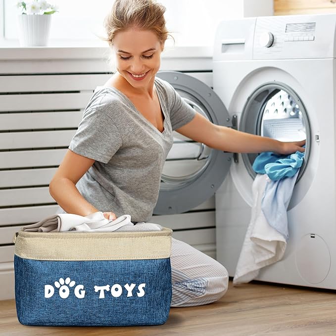 PET ARTIST Dog Toy Basket, Collapsible Dog Toy Bin Box with Comfortable Handles, Large Pet Toy Storage Basket Organizer for Accessories, Toys, Coat & Clothing, Blanket & Leash, Navy Blue, 15"x11"x9"