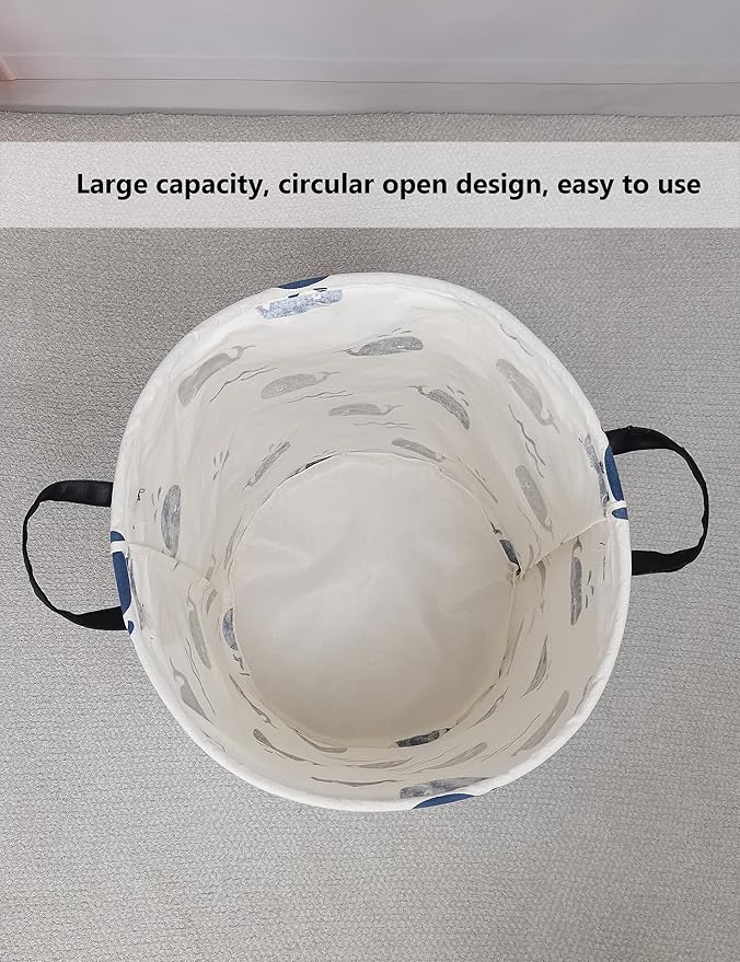 QUEENLALA Large Storage Basket,Laundry Hamper/Bathroom/Home Decor/Collapsible Round Storage Bin,Boys and Girls Hamper/Boxes/Clothing(Round-Blue Cute Whale)