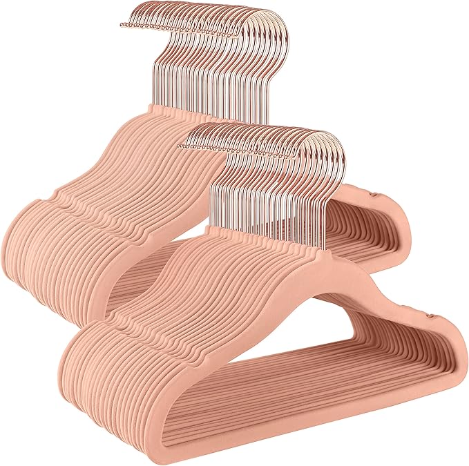 SONGMICS Baby Kids Hangers 50 Pack for Closet, 11.8 x 8.1 Inches, Rose Gold 360° Swivel Hooks, Space-Saving Clothes Velvet Hangers for Nursery, Non-Slip, Jelly Pink UCRF027P01