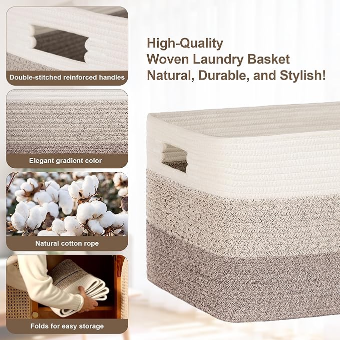 72L Large Laundry Basket with Leather Handles for Living Room Storage, Woven Rope Baskets Bin for Blanket, Kids Toy, Gifts, Wicker Hamper for Bedroom Dirty Clothes, 22"x17"x12" Gradient Brown