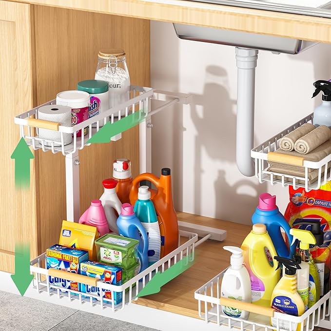 Under Sink Organizers,5 Adjustable Height，Metal Pull Out Under Sink Organizers and Storage Shelves with Sliding Drawer (White, 2 Pack)