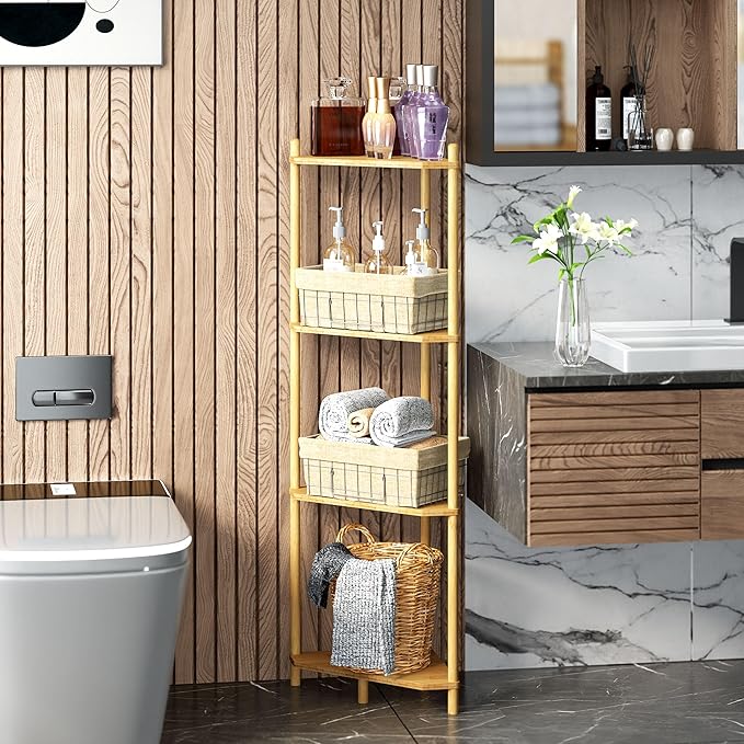 Corner Shelf Stand - 4 Tier Bamboo Small Corner Bookshelf for Office Kitchen Bedroom Plant Stand Living Room Decor Small Space (Natural, 4 Tier)