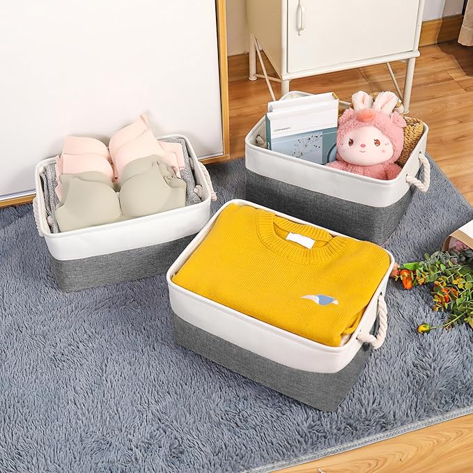 Storage Bins with Sturdy Cotton Handles(1 Pack), Fabric Storage Baskets for Organizing use for Office & Home, Book, Clothes, Toys, Closet Boxes (Medium, Grey-White, 14.2x10.2x7.1 inches)