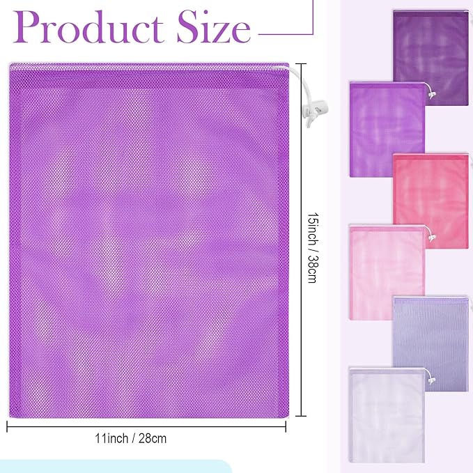 Frienda 6 Pieces Mesh Stuff Sack, 11 x 15 Inch Durable Nylon Drawstring Laundry Bag for Rinsing Beach Toys, Seashell Collecting, Mesh Bags for Travel(Gradient Purple)