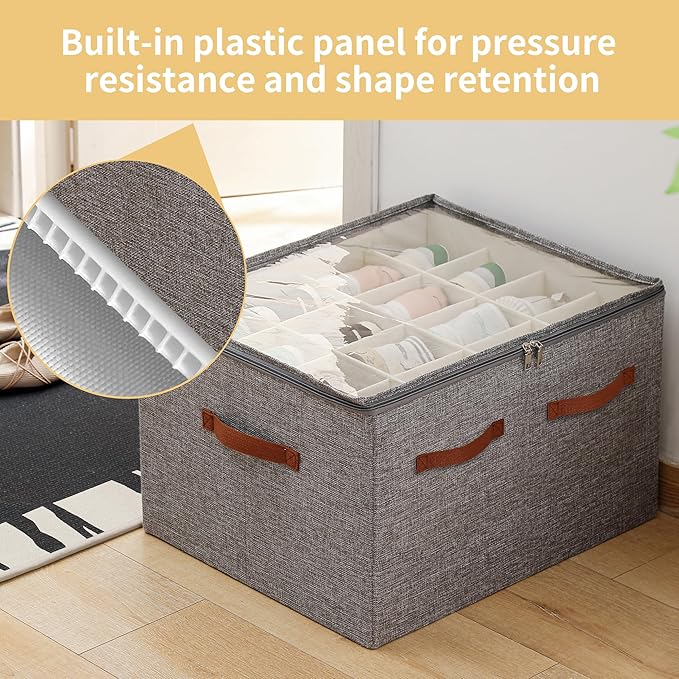 Shoe Organizer for Closet, Foldable Large Shoe Storage Bins with Clear Cover, Removable Partitions and Bottom are Supported by Plastic Boards (Grey, 20.5“Lx16.9 Wx13'H)