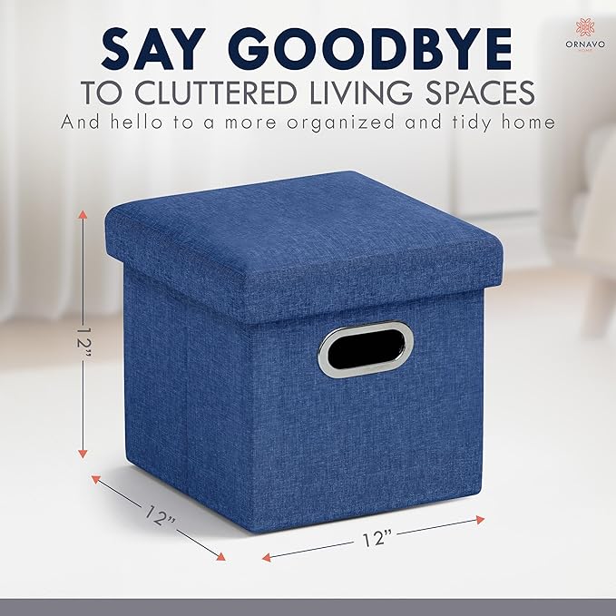 Ornavo Home 12 Inches Small Storage Ottoman with Handles, Foldable Collapsible Cube Square Linen Ottoman Foot Rest Stool Seat, for Living Room, Bedroom, Home Office, Dorm, Navy Blue