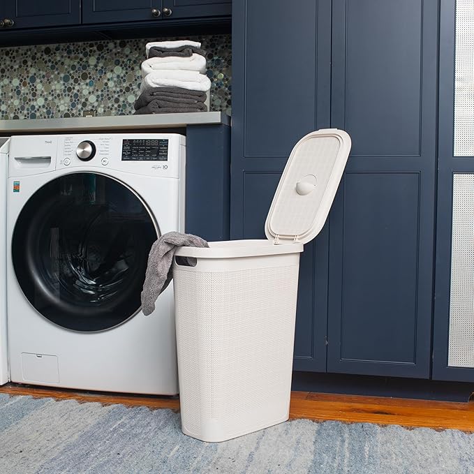 Mind Reader Slim Laundry Hamper with Lid, 40L Clothes Basket, Linen Design, Plastic, White