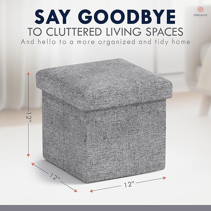 Ornavo Home Small Storage Ottoman, Set of 2 Foldable Collapsible Cube Square Linen Ottoman Foot Rest Stool Seat, for Living Room, Bedroom, Home Office, Dorm - 12 x 12 x 12, Gray