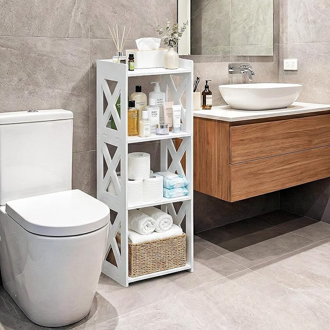 Small Bathroom Storage Corner Shelf, Waterproof PVC Narrow Floor Stand, Slim Gap Filler Organizer for Toilet Side, Laundry Room, Shower, Kitchen Spice Rack, White Restroom Holder (4-Tier)