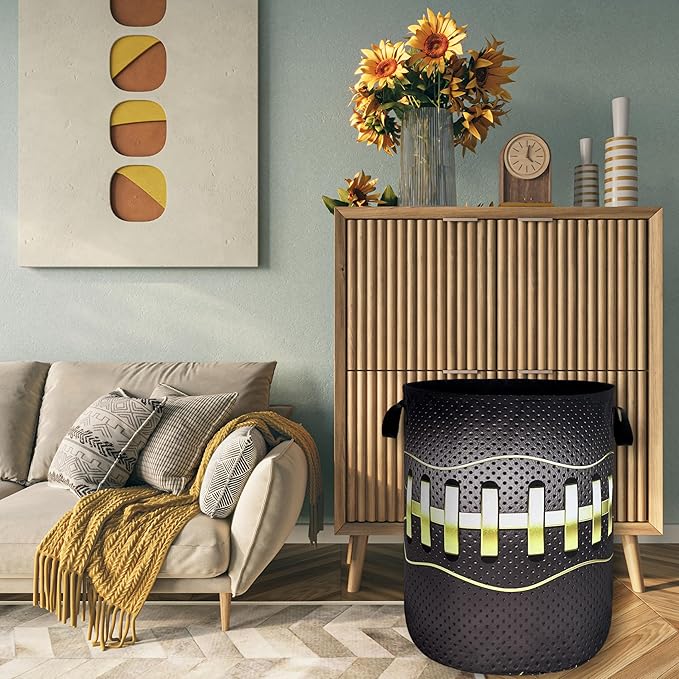 Grey Golden Baseball Texture Laundry Basket Sport Funny Laundry Hamper Foldable Oxford Cloth Colorful Tote Bag Clothes Toy Storage Bucket 18.9" x 16.5"For Bathroom/Laundry Storage/Bedroom