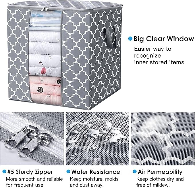 WISELIFE Storage Bags 6 Pack/100L Large Blanket Clothes Organization and Storage Containers for Comforters,Bedding, Foldable Organizer with Reinforced Handle, Clear Window, Sturdy Zippers,Light Gray