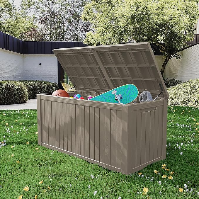 200 Gallon Lockable Resin Outdoor Storage Box, Waterproof & Weather Resistant Deck Box for Patio Cushion, Garden Tools & Pool Accessories, Grey