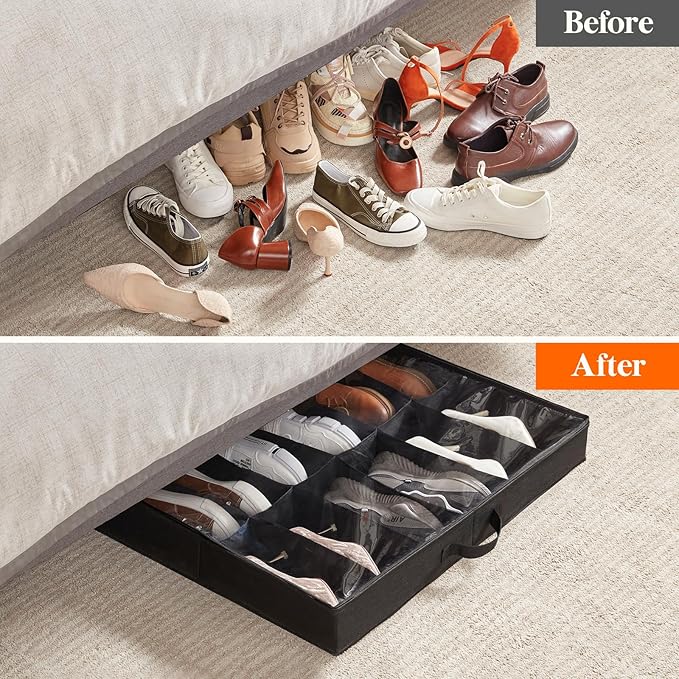 Lifewit Under Bed Shoe Storage Organizer 2 Pack(12 Pairs+4 Pairs), 4.3" Tall Fabric Shoes Container Box, Foldable Closet Shoe Bag with 2 Reinforced Handles and Clear Cover, Black