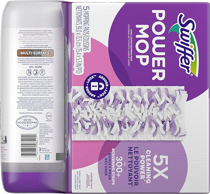 Swiffer Power Mop Refill Pack, Floor Cleaner for Mopping Tile, Vinyl, Laminate, Wood in Home, Bathroom, Kitchen, All Purpose Multi-Surface Cleaning, 5 Pads + 1 Lavender Solution (Pack of 2)