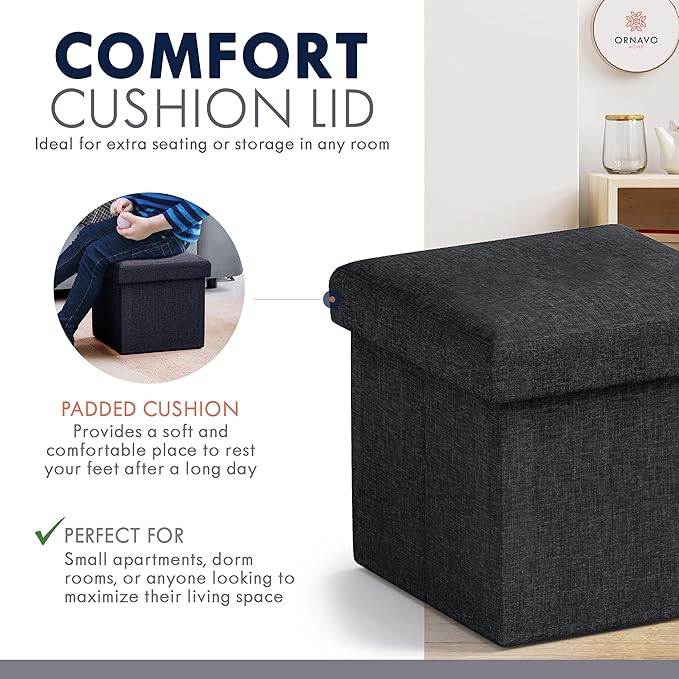 Ornavo Home Small Storage Ottoman Foldable Collapsible Cube Square Linen Ottoman Foot Rest Stool Seat, for Living Room, Bedroom, Home Office, Dorm - 12 x 12 x 12, Black