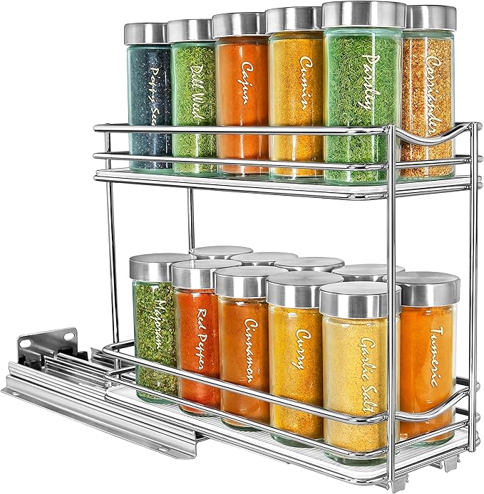 LYNK PROFESSIONAL® Pull Out Spice Rack Organizer for Inside Kitchen Cabinets - 4-3/8 inch Wide - Slide Out Drawer – Chrome Sliding Spice Organization for cabinet - Spice Racks - 2 Tier