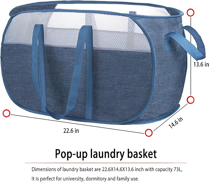 Pop Up Laundry Hamper，with Durable Handles collapsible laundry basket，Easy to Open and Fold for college Dorm,kids room，travel (black+blue)…