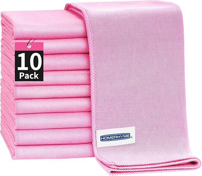 HOMERHYME Microfiber Cleaning Cloth - 10 Pack Glasses Cleaning Cloth, 16" x 14" Window Cleaning Rags, Streak Free Lint Free Polishing Cloths Wipes for Eye Glass, Stainless Steel, Windshield, Pink