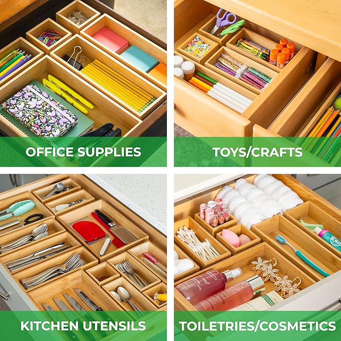 Grow Forward Bamboo Drawer Organizer Boxes - Set of 7 Wooden Drawer Organizers for Kitchen, Bathroom, Office, Desk, Vanity, Makeup - Non-Slip Junk Drawer Organizer Trays for Storage and Organization