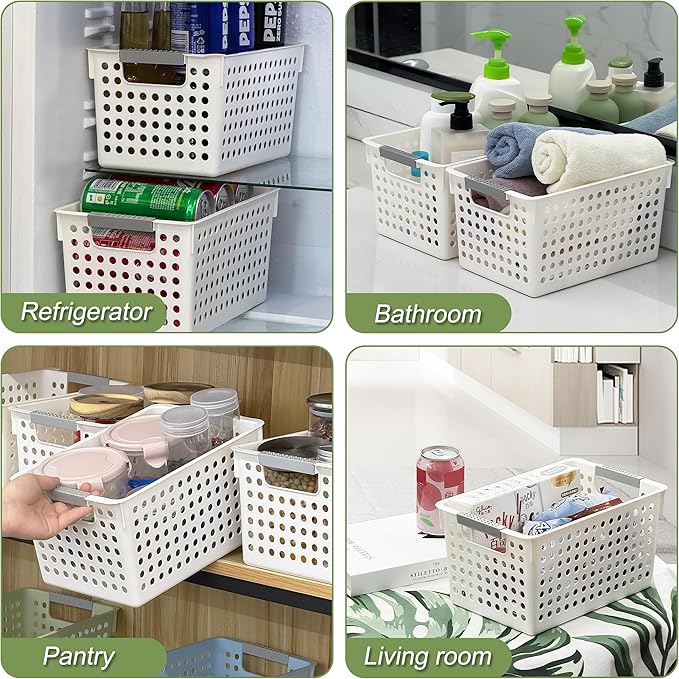 Soddeph 4 Pack Plastic Storage Basket with Handles, Small Deep Organizer Bin with Hollow Design for Under Counter, Shelf, Closet, Kitchen or Bathroom (White, Small)