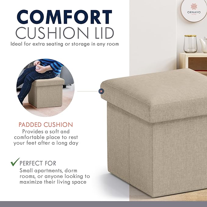 Ornavo Home Small Storage Ottoman, Set of 2 Foldable Collapsible Cube Square Linen Ottoman Foot Rest Stool Seat, for Living Room, Bedroom, Home Office, Dorm - 12 x 12 x 12, Taupe