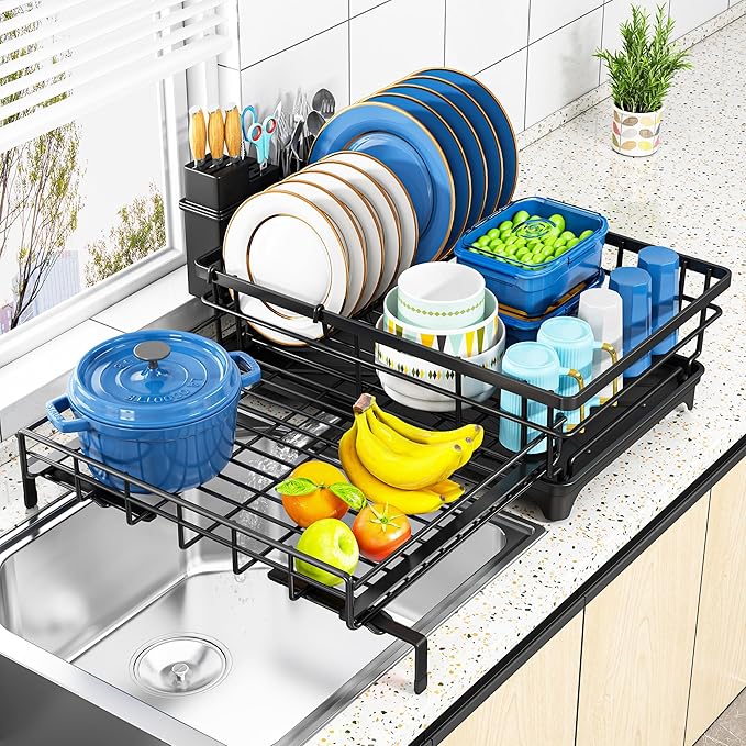 Storico Large Dish Drying Rack - Extendable Dish Rack, Dish Drainer for Kitchen Counter, Dish Drainer with Adjustable Support Legs & Utensil Holder, Black