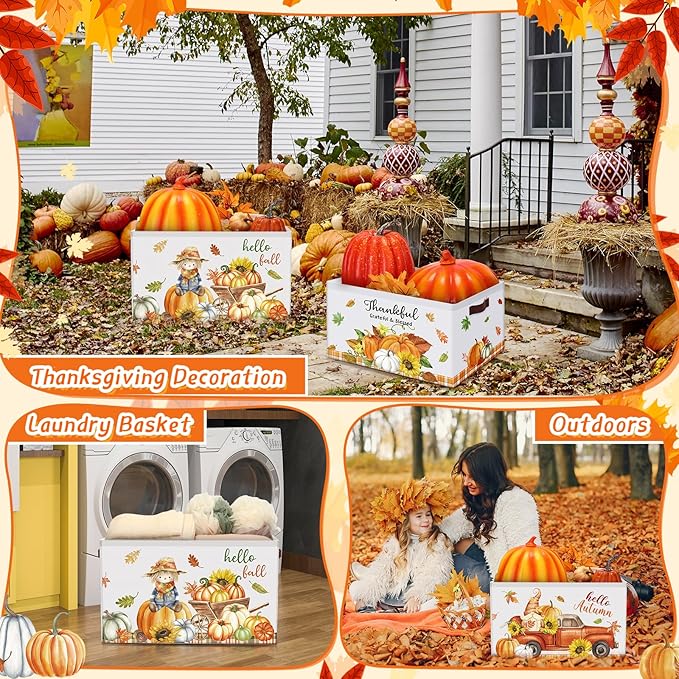 Boao 3 Pack Thanksgiving Storage Gifts Baskets Empty Autumn Storage Bins, Large Foldable Pumpkin Scarecrow Fall Harvest Canvas Laundry Basket with Handle for Office Home Nursery Bedroom Clothes