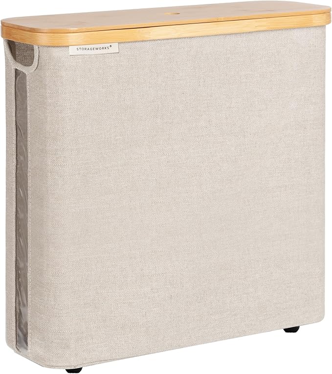 StorageWorks Large Toilet Paper Storage with Bamboo Lid, Toilet Paper Holder Basket for Up to 12 Mega or 16 Regular Size Rolls, Paper Storage Baskets for Bathroom, Light Khaki, 1 Pack