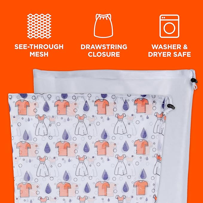 Tide Jumbo Mesh Laundry Bags, 2 Pack, 12" x 34", Holds Up to 3 Loads – Durable, Breathable Laundry Sack for Home, Dorm & Travel