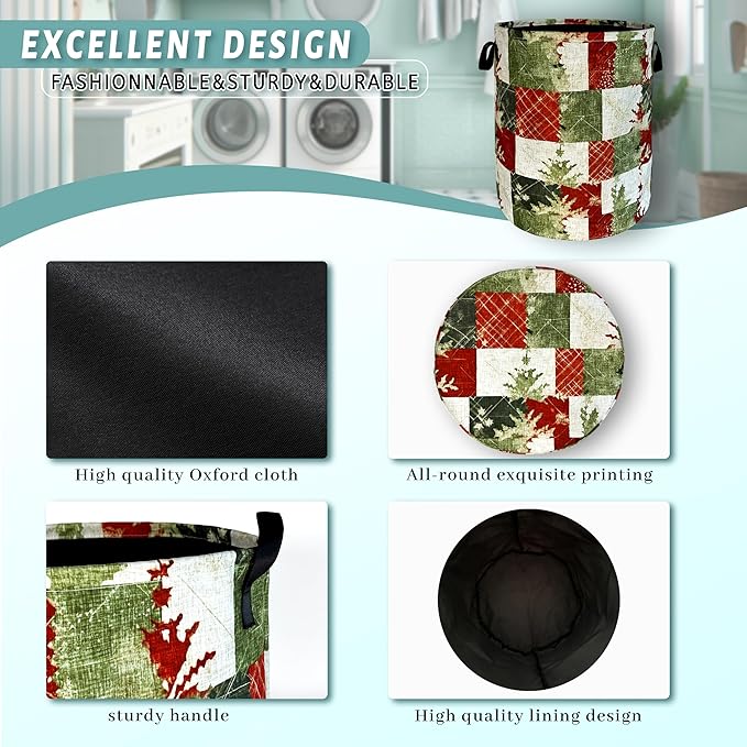 Christmas Laundry Basket Retro Red Green Christmas Tree Print Funny Laundry Hamper Foldable Oxford Cloth Tote Bag Clothe Toy Storage Bucket 18.9"x16.5"For Bathroom/Laundry Storage/Bedroom