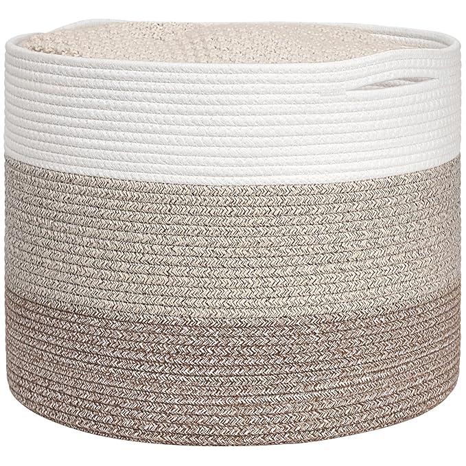 Goodpick Large Woven Basket, Blanket Basket Living Room 15.8"x15.8"x13.8", Woven Storage Bin for Baby Laundry, Light & Brown