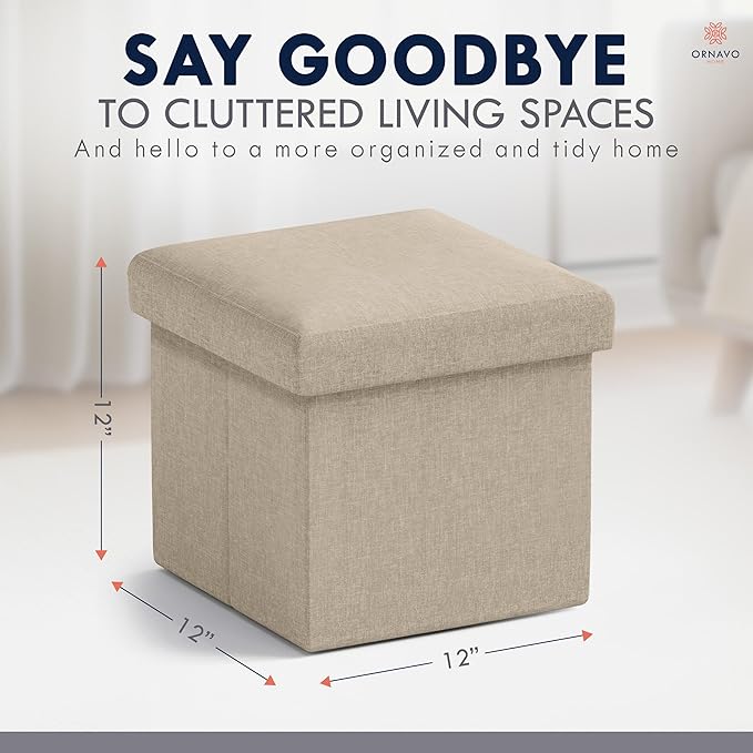 Ornavo Home Small Storage Ottoman, Set of 2 Foldable Collapsible Cube Square Linen Ottoman Foot Rest Stool Seat, for Living Room, Bedroom, Home Office, Dorm - 12 x 12 x 12, Taupe