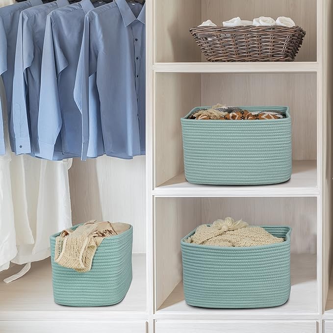 Cotton Rope storage Basket Bins Woven Basket for Organizing Shelves 15X10X9.3" Rectangle Decorative Baskets For storage Clothes Toys Books Towels Nursery basket organizer 3 pack Green