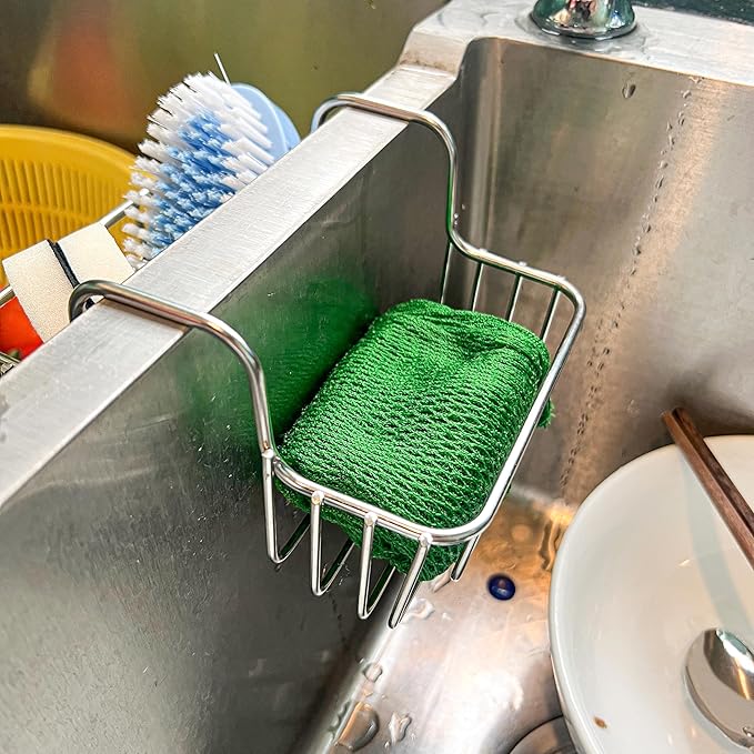 Stainless Steel Sponge Holder for Kitchen Sink - Never Rust Hanging Saddle Double for Soap Kitchen Sink Caddy 2.2 inch, Rustproof Organizer for Dishwashing and Brush Drying