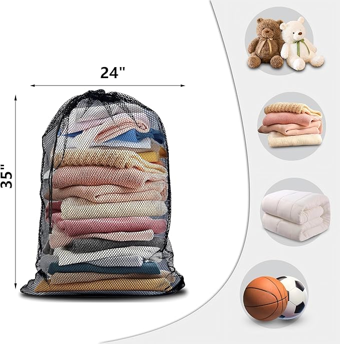 4 Pack Mesh Laundry Bags, 24 x 35 Inches Heavy Duty Mesh Laundry Bag, Large Laundry Drawstring Bag for College, Dorm, Travel, Family and Apartment Dwellers, Black