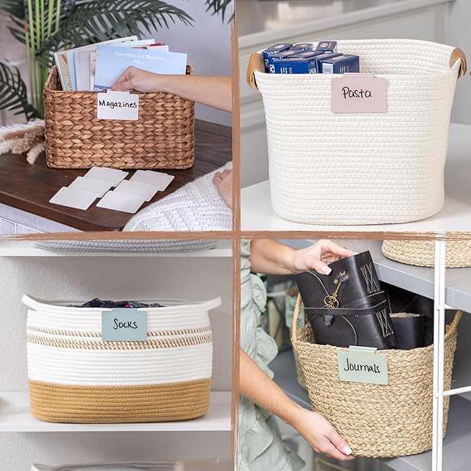 Hygge & Sage: Metal Non-Slip Basket Labels Clip On for Storage Bins, or Wire Racks | Includes 8 Labels, 8 Non-Slip Pads, and 1 Free Marker (White)
