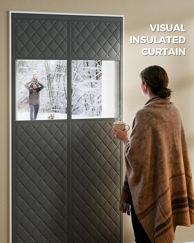 Magnetic Thermal Insulated Door Curtain Fits Door Size 32" x 80", Oxford Cloth Thicken Cotton Fiber Filled, Self-closing Screen Insulation Cover Keep Warm in Winter, with Clear Windows, Grey
