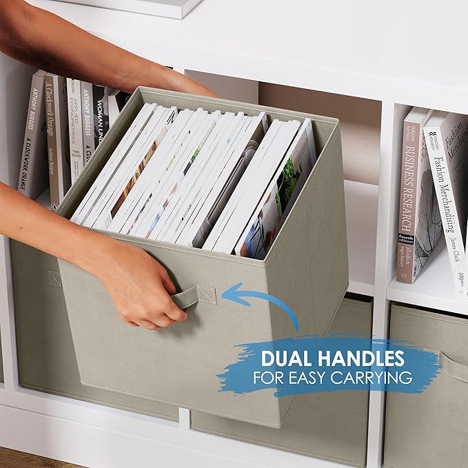 Set of 8 Foldable Fabric Storage Cube Bins | Collapsible Cloth Organizer Baskets Containers | Folding Nursery Closet Drawer | Features Dual Handles | More Beautiful Colors Available (Off White)