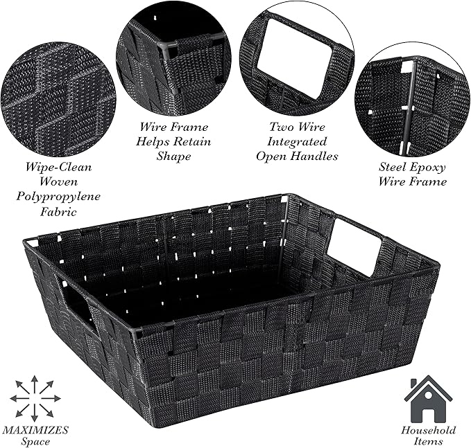 Simplify Large Shelf Woven Strap Tote | Decorative Storage Basket | Built in Handles | Organization | Closet | Bedroom | Bathroom | Nursery | Accessories | Toys | Gifts | 1 Pack | Black