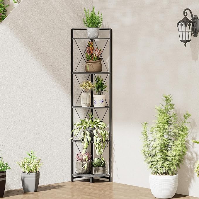 5 Tier Corner Shelf Stand, 64" H Tall Industrial Corner Bookshelf for Living Room Decor, Metal Corner Shelf, Plant Stand Display Shelf for Bedroom, Bathroom, Small Space, Black