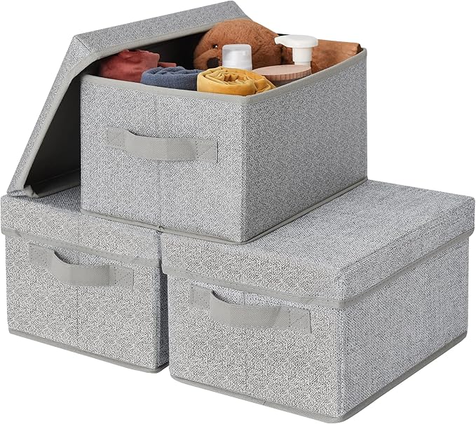 GRANNY SAYS Small Storage Bins with Lids, Fabric Storage Boxes, Shelf Baskets for Closet Organization, Stackable Clothes Storage Bins, Gray, Small, 3-Pack