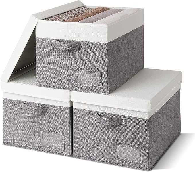 GRANNY SAYS Storage Bins with Lids, Linen Closet Storage Boxes, Collapsibe Storage Bins for Clothes, Storage Containers with Label Holder, 3-Pack, Gray&Ivory
