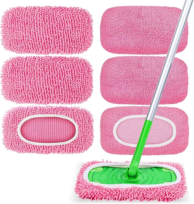 6-Pack Reusable Microfiber Mop Pads Compatible with Swiffer Sweeper, Dry & Wet Sweeping Cloths - Washable Wet Pads Refill for Multi-Surface/Hardwood Floor Cleaning -Pink