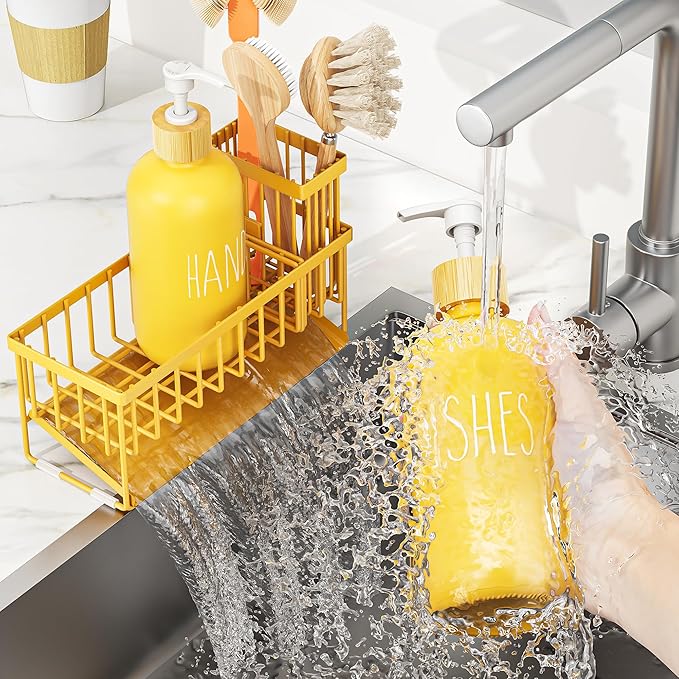Cisily Yellow Dish Soap Dispenser Set, 16 fl Oz Dual Kitchen Soap Dispensers with Sponge Holder, Customized Stainless Steel Kitchen Soap Dispenser Set