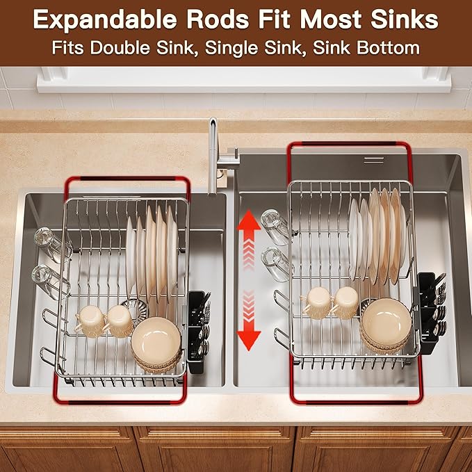 Over the Sink Expandable Dish Drainer Drying Rack In Stainless Steel for Small Kitchen, Counter Space Saving Modern Compact Metal Above Plate Dryer Strainer, Adjustable Hanging Inside Drain Holder