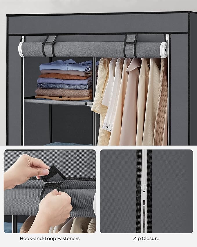 SONGMICS Portable Closet, Fabric Wardrobe, Clothes Rack with Shelves, Pockets, Large Capacity, 1 Hanging Rod, 34.6 x 17.7 x 66.1 Inches, Dove Gray URYG84GY