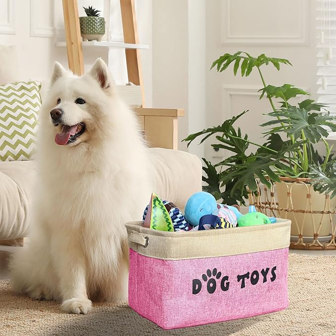 PET ARTIST Dog Toy Basket, Collapsible Dog Toy Bin Box with Comfortable Handles, Large Pet Toy Storage Organizer for Accessories, Toys, Coat & Clothing, Blanket & Leash, Pink, 15"x11"x9"