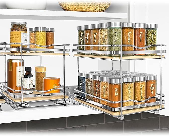LYNK PROFESSIONAL® Élite™ Pull Out Spice Rack Organizer for Inside Kitchen Cabinets - 8-3/8 inch Wide - Slide Out Drawer – Wood/Chrome Sliding Spice Organization for cabinet - Spice Racks - 2 Tier