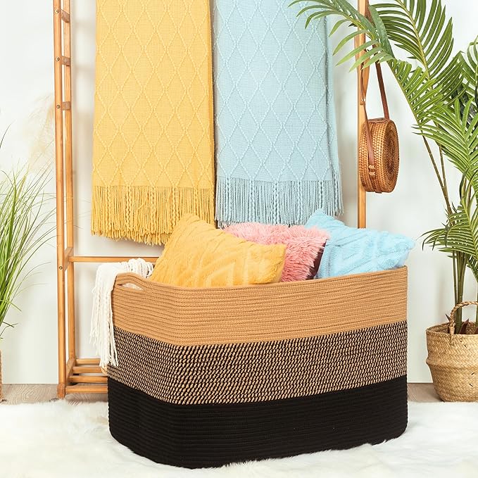 MINTWOOD Design 112L Extra Large Blanket Basket Holder Living Room, 25"x17"x16" Rectangle Rope Woven Storage Basket with Handles for Laundry, Pool Towels, Shoes, Dog Toy Organizer Bin Box, Black Jute
