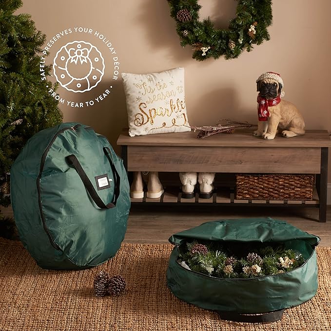 ZOBER 2 Pack Oxford Christmas Wreath Storage Container 30 Inch - Wreath Bag for Artificial Wreaths Box - Waterproof Fabric, Dual Zippered Wreaths Storage Bag With Strong Durable Handles - Green